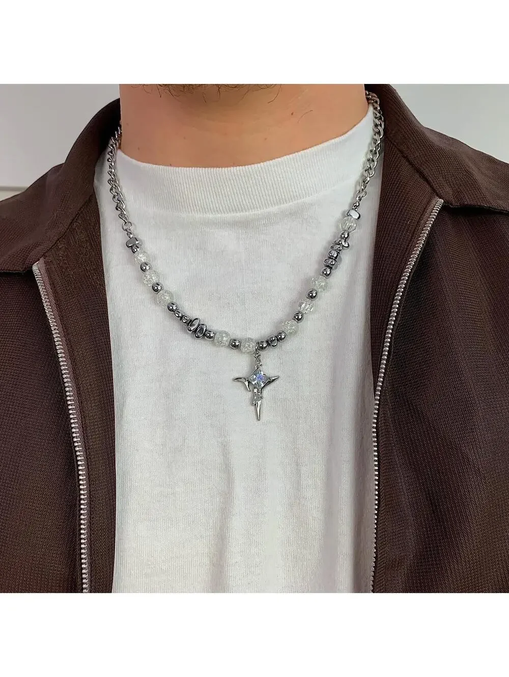 Cyber 2000s y2k grunge punk opium silver and beaded futuristic cross pendant sty